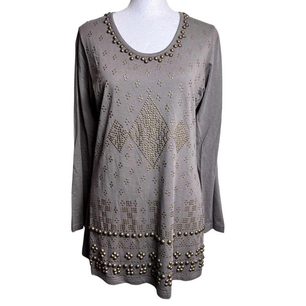 DG2‎ Diane Gilman Women's Top Tunic Taupe Long Sleeve Size L Gold Embellishments